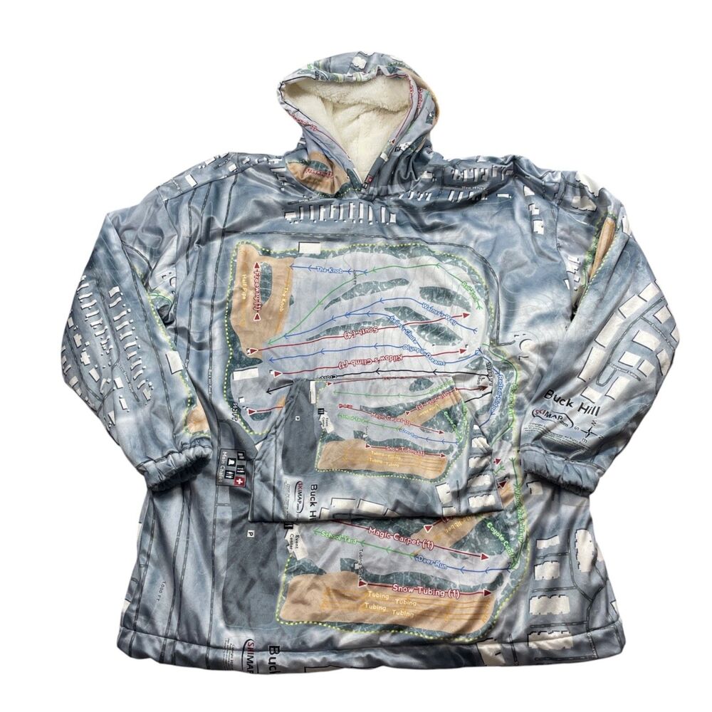 Buck Hill Hoodie Ski Map Heavy Fleece Lined One Size‎ 100% Polyester Warm